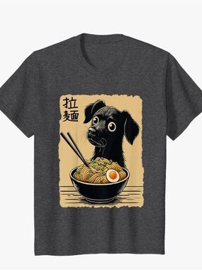 Kawaii Black Dog Ramen Noodles Japanese Ukiyo-e Grey Tshirt Youth Small 7-8 NEW